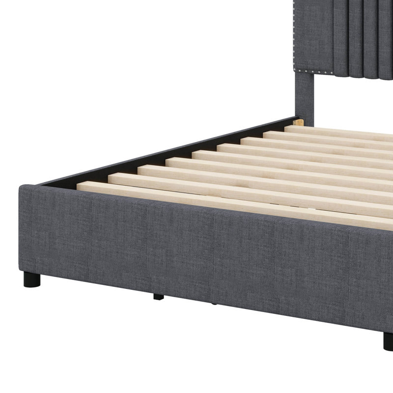 Lit plateforme avec tête de lit rembourrée et 2 tiroirs intégrés, Gris, Full