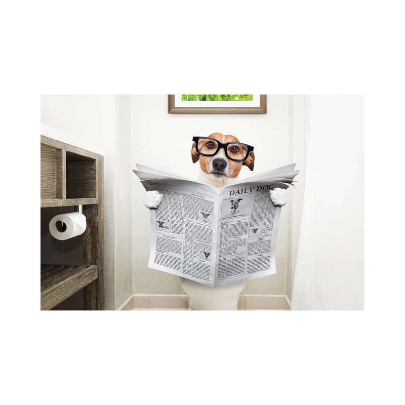 Dog on Toilet Seat Reading Newspaper I 1 Piece Wall Art on Canvas, 20.32cm H x 30.48cm W x 1.91cm D, Wrapped Canvas