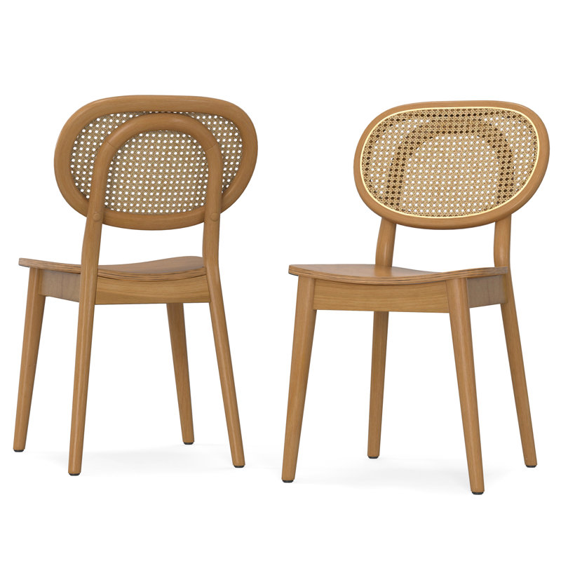 Chaise de salle à manger en bois massif Rachel avec dossier en rotin et accoudoirs style Mid-Century (ensemble de 2)