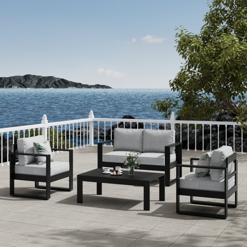 127cm Wide Metal Loveseat with Cushions, Black Frame/Grey Cushion