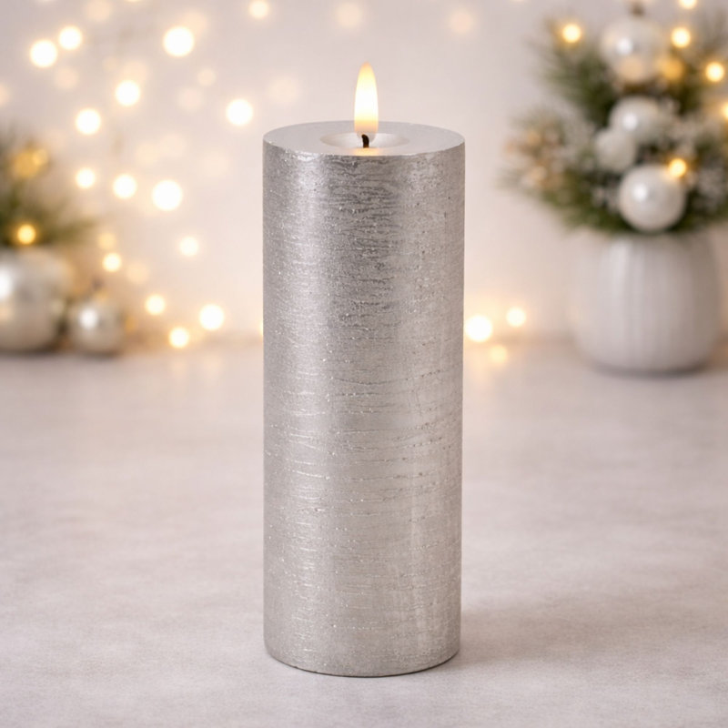 Metallic FIA Wick LED Candle (Set of 2), Silver 3"D x 8"H