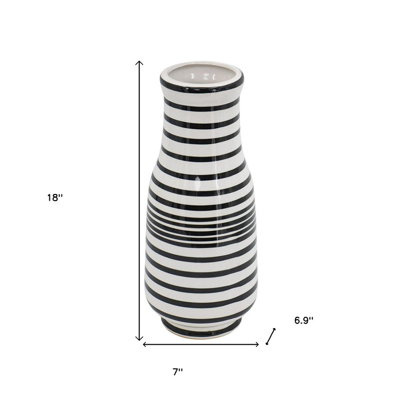 18" Black And White Hand Painted Stripe Ceramic Table Vase