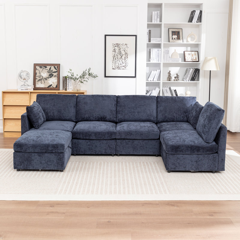 Miller 6 - Piece Upholstered U-Shaped Sectional Sofa With Storage Ottoman, Blue