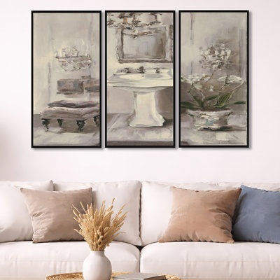 «French Bathroom Vintage II», ensemble d'art mural sur toile encadré traditionnel
