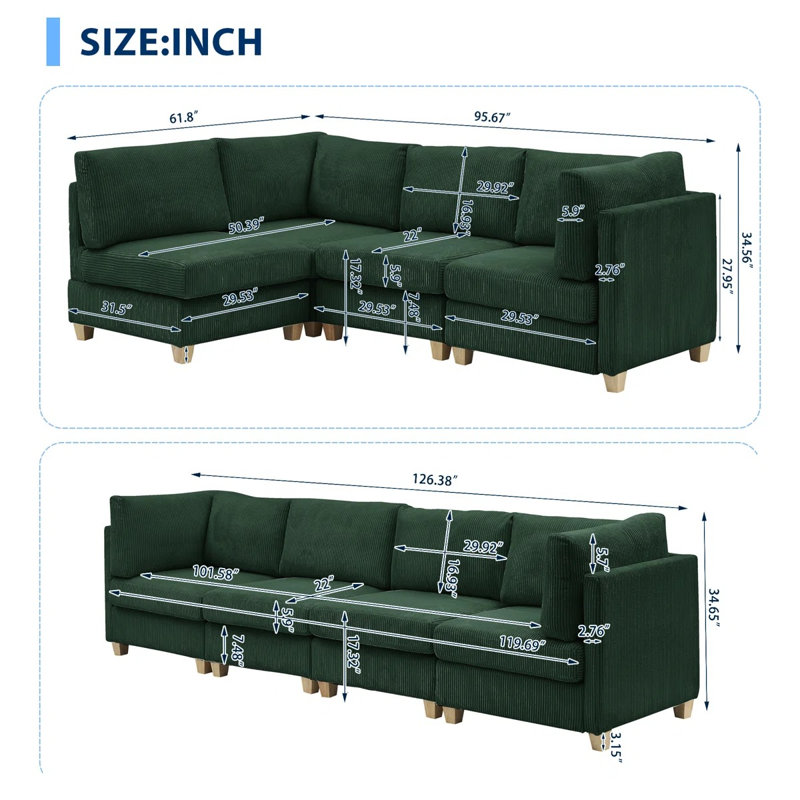 126" Corduroy Sectional Corner Sofa 4 Piece Modular Deep Seat Couch With Pillows, 1200 lbs Capacity, Pet-Friendly, Flexible Layout