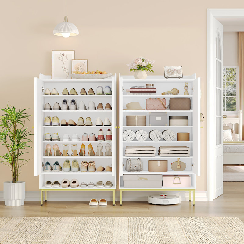 Shoe Cabinet with Doors, 7-Tier Shoe Storage Cabinet with Adjustable Shelves, 31.4" Wooden Shoes Organizer Cabinets with Top Storage Layer, 24-28 Pairs, for Entryway, Hallway, White