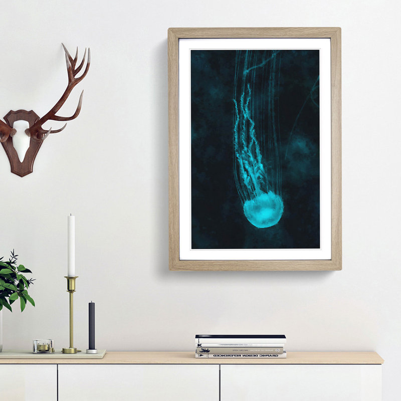 Neon Blue Jellyfish Abstract - Picture Frame Graphic Art Print, 45cm H x 33cm W x 2cm D, Oak Framed