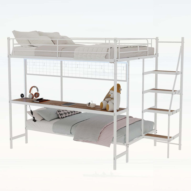 Lit superposé double au-dessus d'un lit double avec bureau intégré et éclairage à DEL - conception loft peu encombrante pour enfants et adolescents, structure robuste, assemblage facile, parfait pour les chambres à coucher et les dortoirs