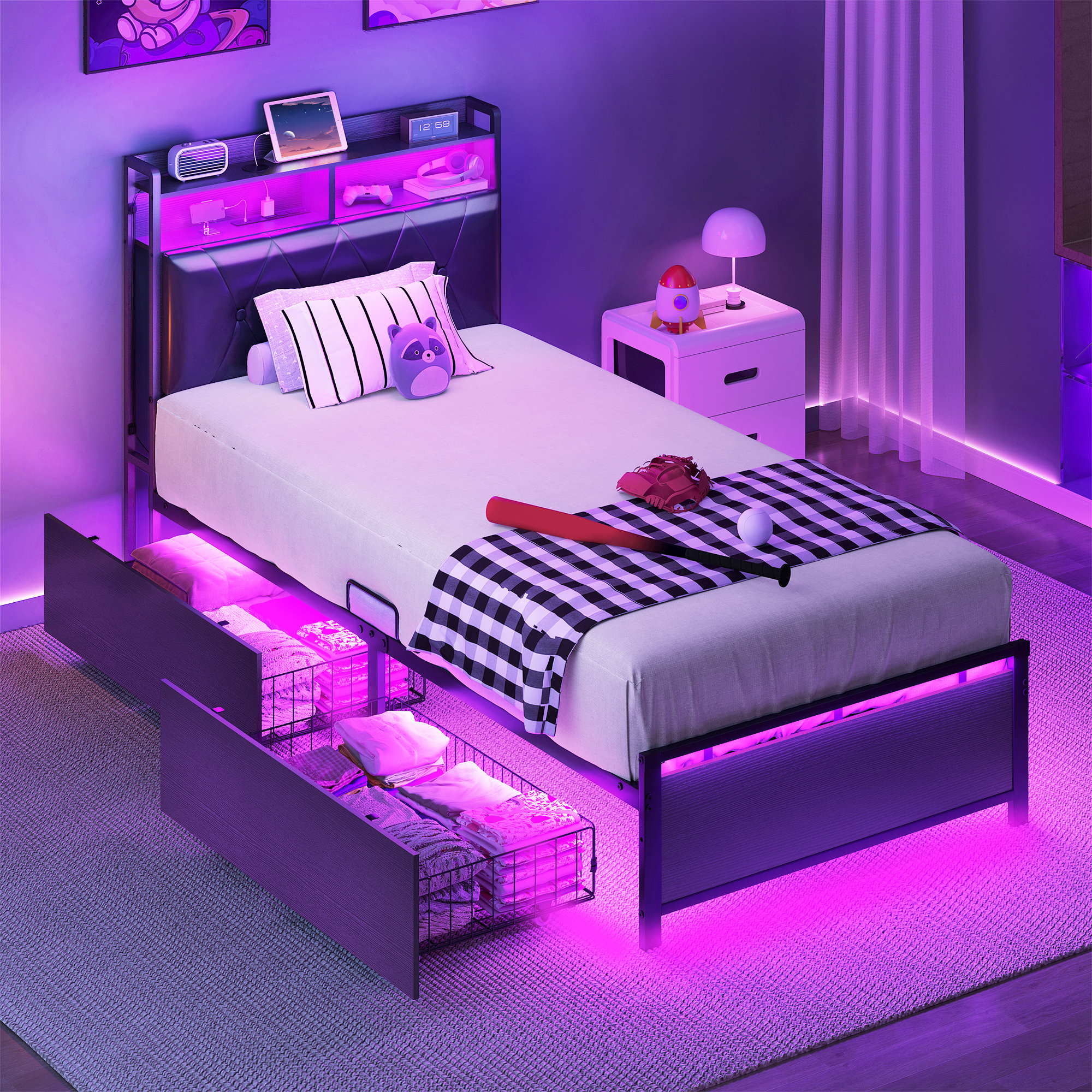 17 Stories Bed Frame With 2 Spacious Storage Drawers, Bedstead With Led ...