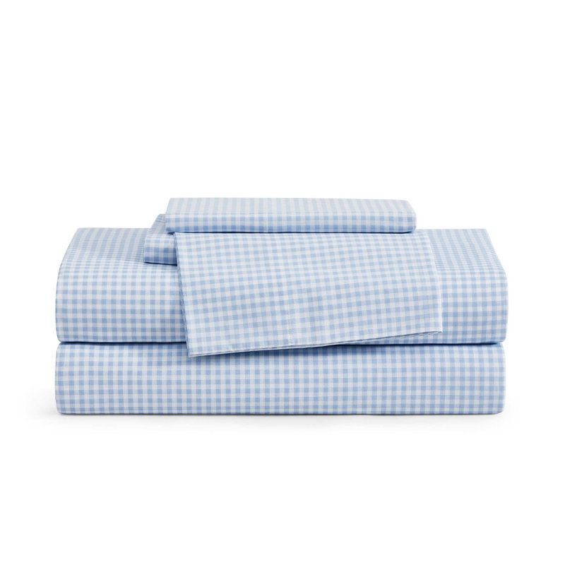 Tommy Hilfiger Printed Percale Cotton Sheet Set, Twin XL Sheet Set with 1 Pillowcase, Gardena Check Blue