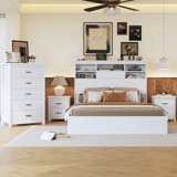 4-Piece Queen Size Vintage Wooden Bedroom Set | Includes Bed Frame, 2 Nightstands & 1 Dresser | Distressed Wood Finish for Timeless Charm | Sturdy Construction | Ideal for Master Bedroom, Guest Room & Retro-Style Spaces