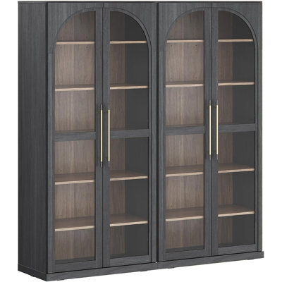 Storage Cabinet Set Of 2 – Modern Ebony Wood Display Cabinets With Glass Doors, 6-Shelf Bookshelves, 4 Adjustable Shelves For Wine Or Trophies