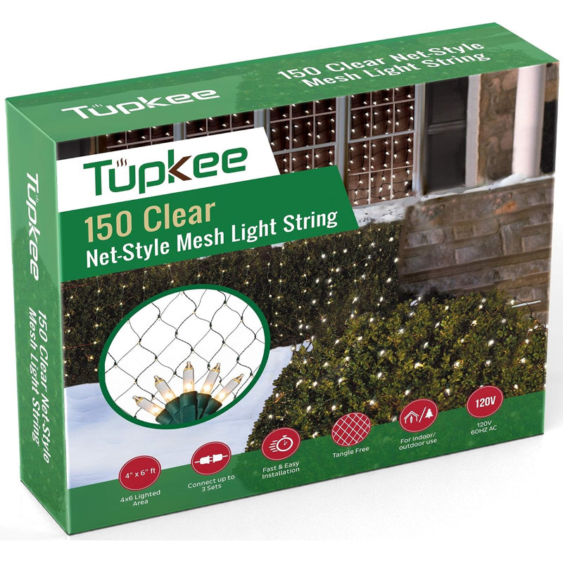 Filet lumineux de Noël Tupkee - 150 lumières transparentes en maille chaude - 4 pi x 6 pi - Extérieur / intérieur - Filet pour buissons, haies ou arbres