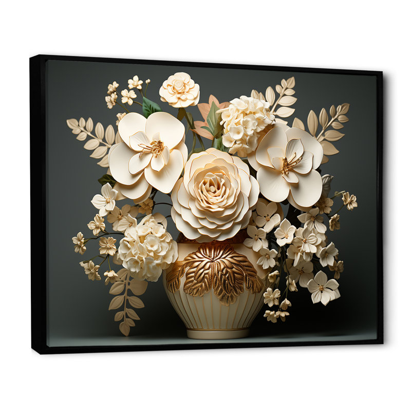 Hortensia baroque blanc et or VI sur toile, Cadre flottant noir, H 24 po x l 32 po x P 1 po
