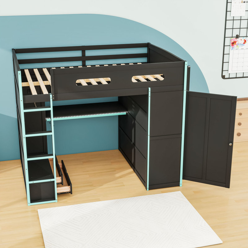 Full Size Loft Bed With Desk, RGB Light And USB Port, Cloud Blue