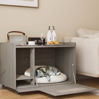 Large Gray Hidden Litter Box, Multi - Functional As Bedside Table, Silent Wheels For Mobility, Air Convection Grille Odor Reduction, Frame Durability Box With Top Fence, Can Be Used Coffee Easy