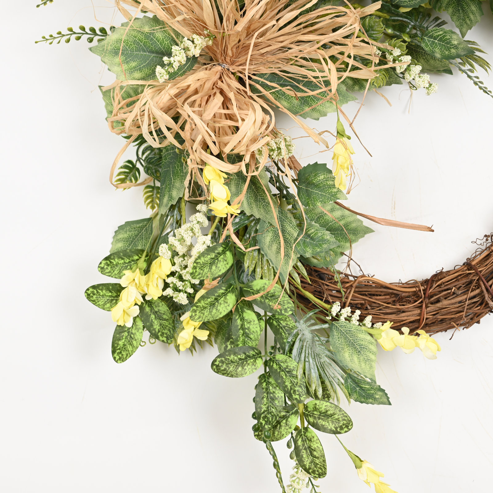 24" Artificial Farmhouse Spring Summer Greenery Leaves Berry Peony Floral Wreath For Front Door, Yellow/Green