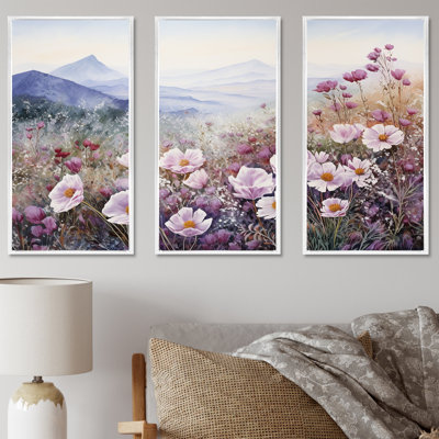 Pink Roses Field In Mountain I - Roses Canvas Wall Art Set