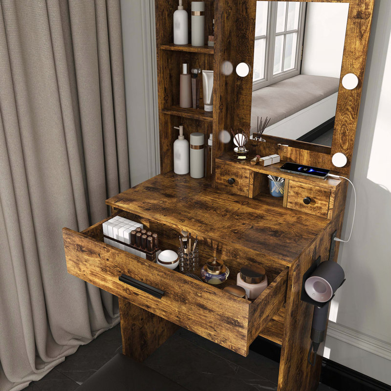 Table de coiffeuse compacte avec miroir à DEL, prise de courant et tabouret