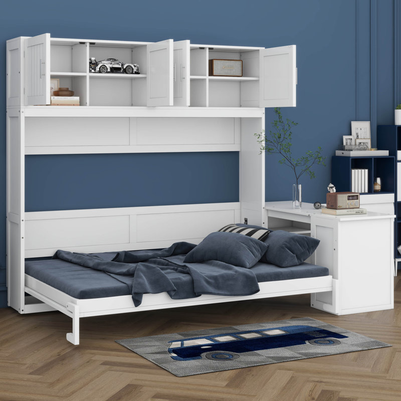 Grand lit escamotable avec bureau, tablettes et armoires de rangement, Blanc
