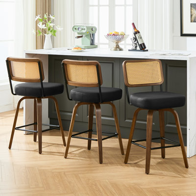 26" Swivel Counter Stool with Rattan Back and Walnut-Finish Bentwood Legs