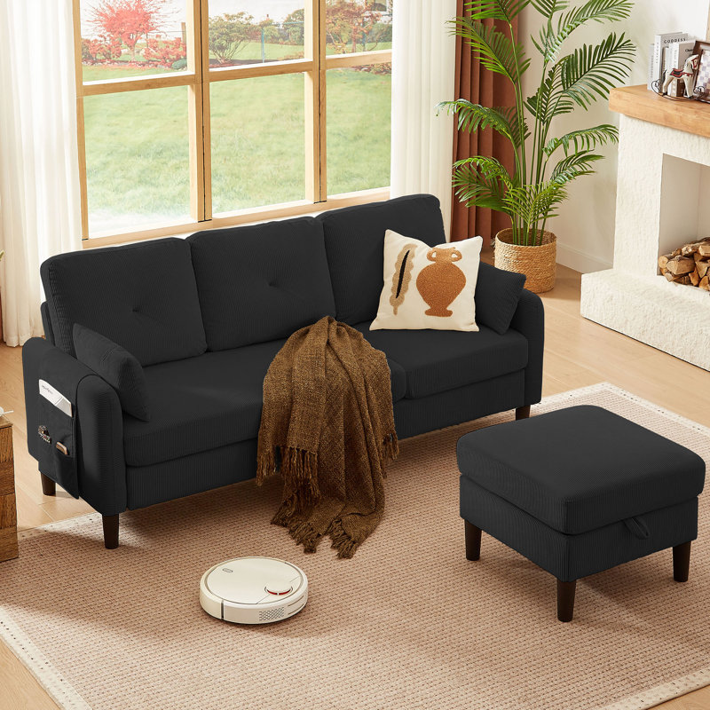 Corduroy Sectional Sofa with Storage Ottoman and Side Storage Pockets, 35.83" H x 77.17" W x 26.57" D, Black Corduroy