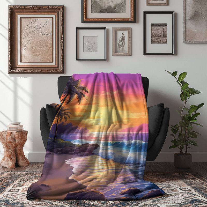 Coucher de soleil à l'aquarelle - couverture en sherpa de qualité supérieure - reproduction d'art luxueuse, Lit simple