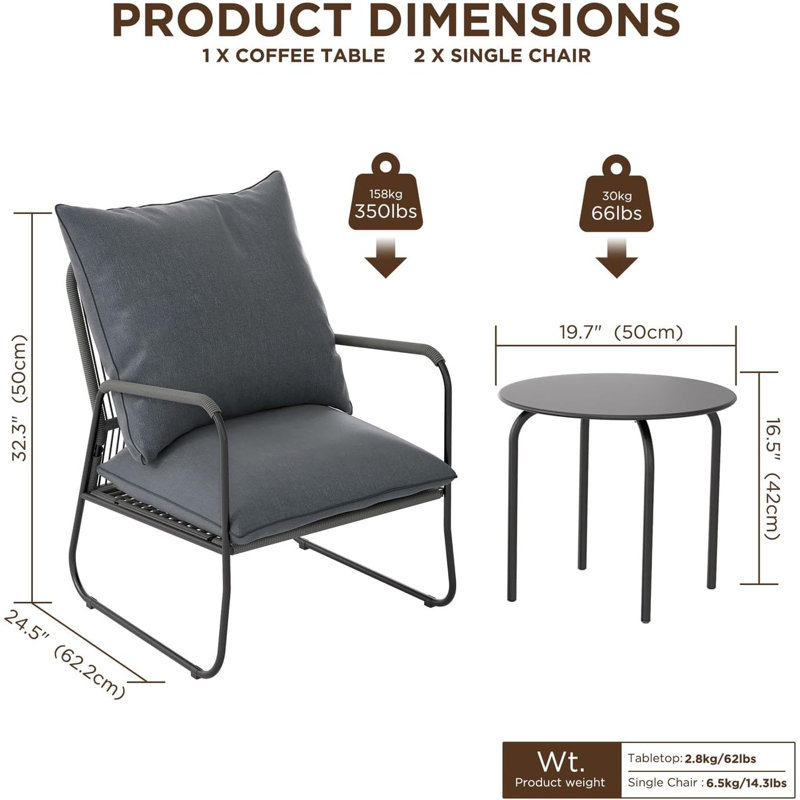 Garden Bistro Set, Breathable Woven PE Rattan Chairs with Coffee Table, Outdoor Patio Furniture Set for Garden, Grey, Grey
