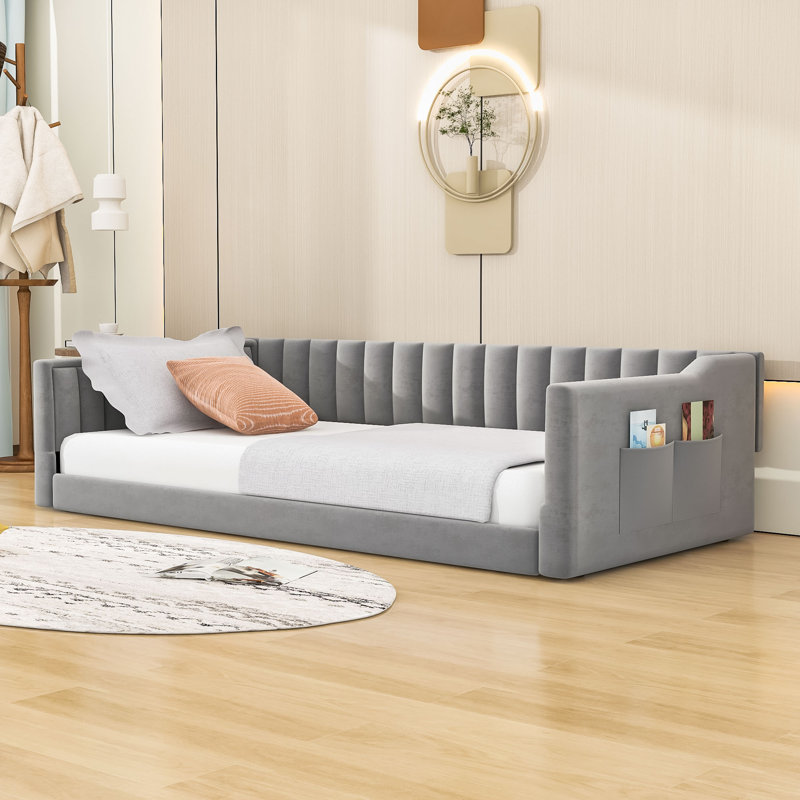 Lit de jour rembourré avec poche de rangement, Simple extra long, Gris