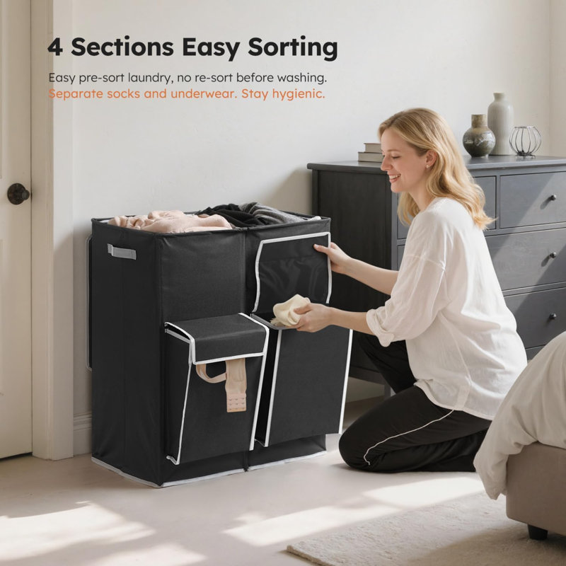 Double Laundry Hamper With Lid, 47.8 Gal (180L) Large Laundr Basket 2 Section With 2 Side Pockets, Dirty Clothes Hamper With Removable Bag, Easy To Carry For Laundry Room, Bedroom, Black
