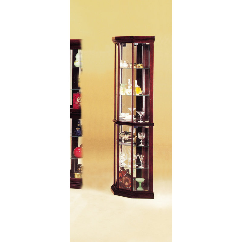 Cherry Finish Curio Cabinet  Corner  - 4 Glass Door Storage, 6 Shelves, 3Mm Mirror Back, Organizes Ornaments Corner Cherry, Doors, 5Mm Enhances Space