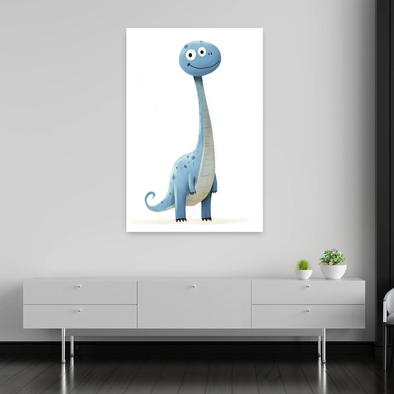 Happy Blue Dinosaur Playful Whimsical Contemporary Animal Wall Art Print 1 Piece Wrapped Canvas Wall Art