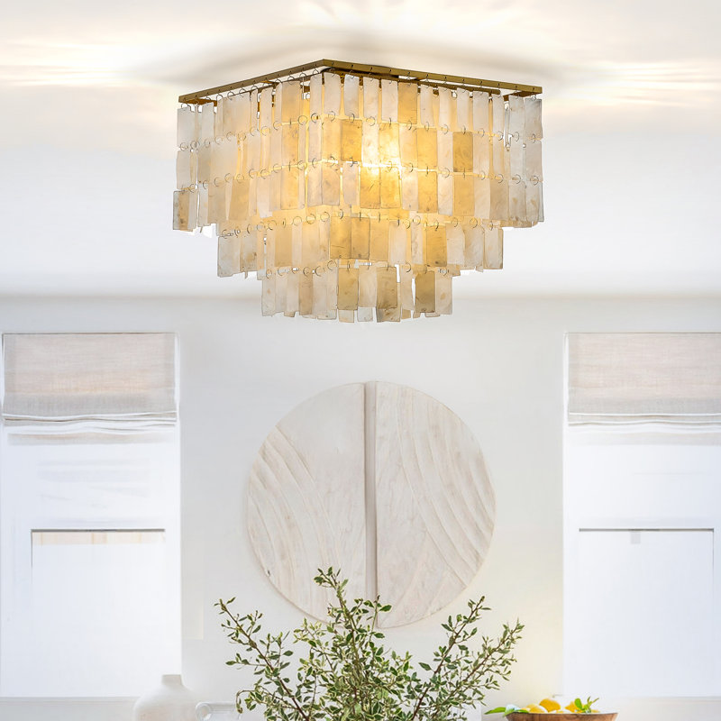 Belardo 3-Light Square Ceiling Light Coastal Natural Capiz Shell Tiered Flush Mount for Bedroom