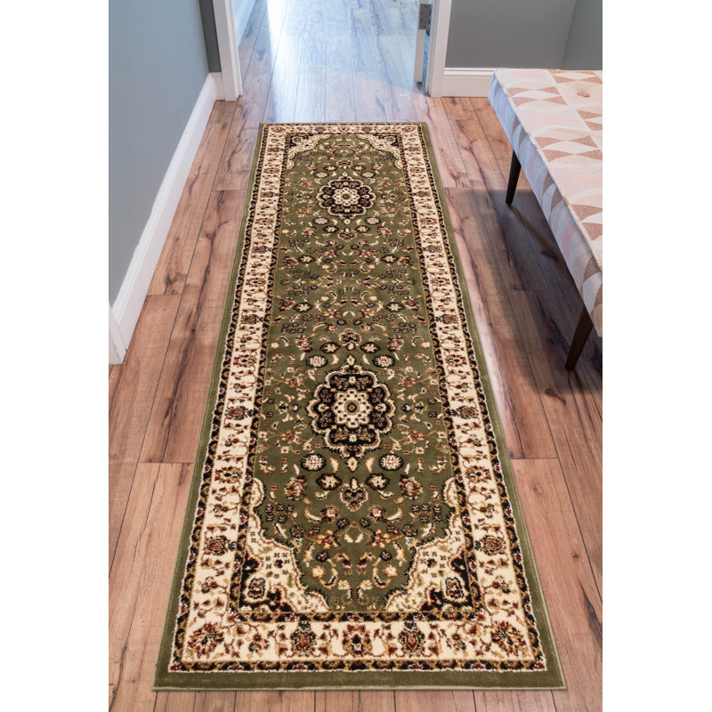 Tapis vert Denzel Medallion Kashan, Tapis de couloir 2 pi 3 po x 7 pi 3 po