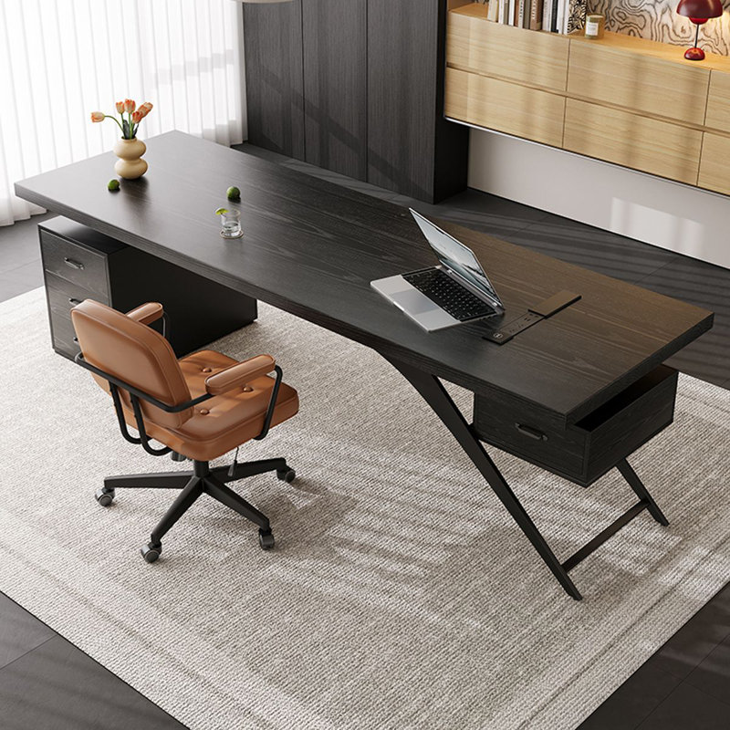 Bureau rectangulaire en bois massif noir avec 4 tiroirs, bureau