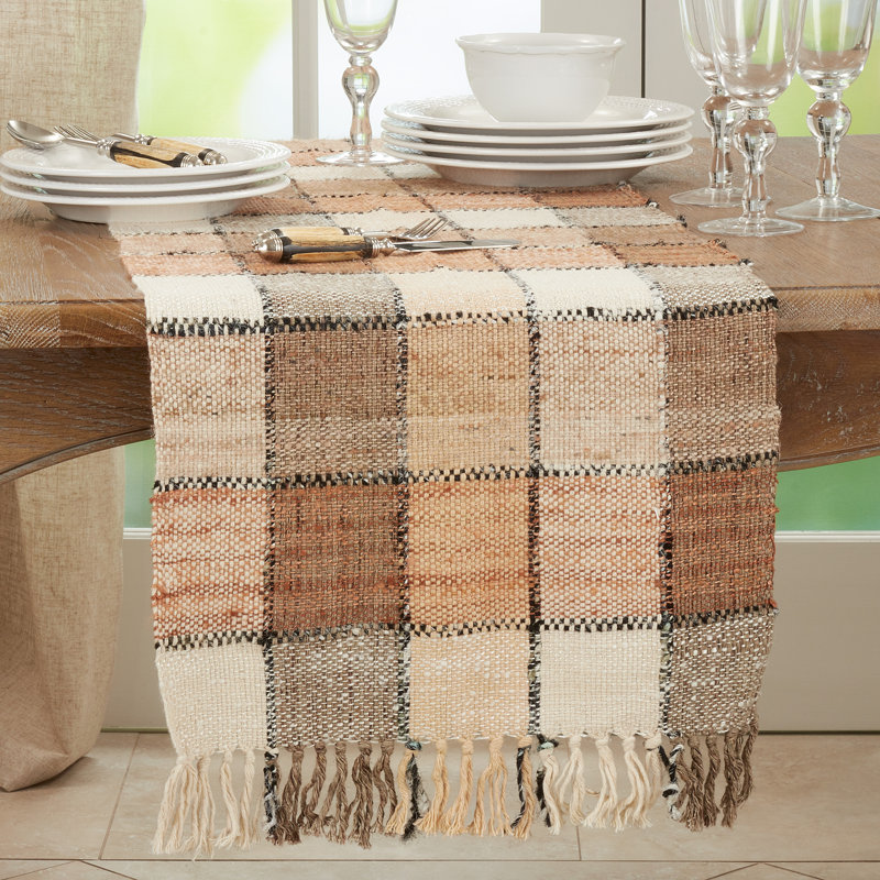 Natural Checkered Cotton Table Runner with Fringe, 16" x 72"
