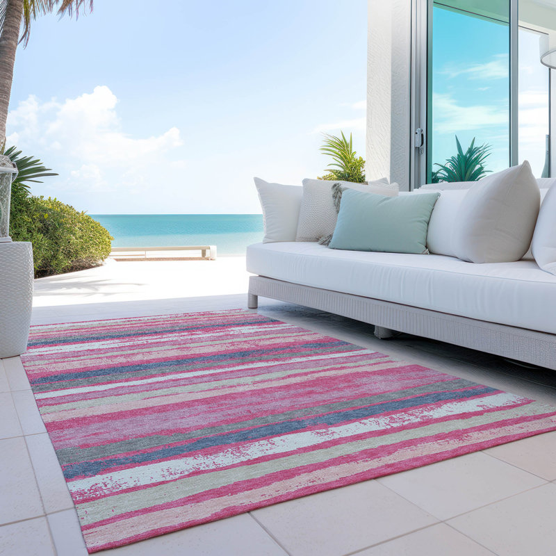 Pink and Gray Striped Washable Synthetic Area Rug