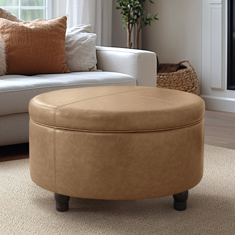 Repose-pieds rond avec rangement en similicuir Duanys, Marron clair