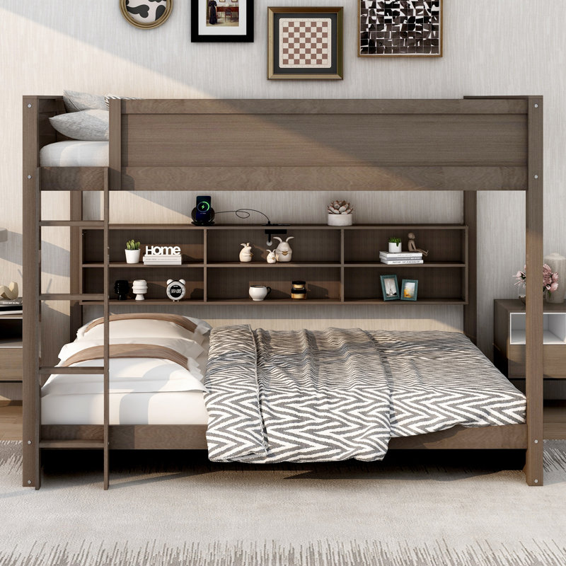 Queen Over Queen Bunk Bed With Storage And Charging Station, Wood