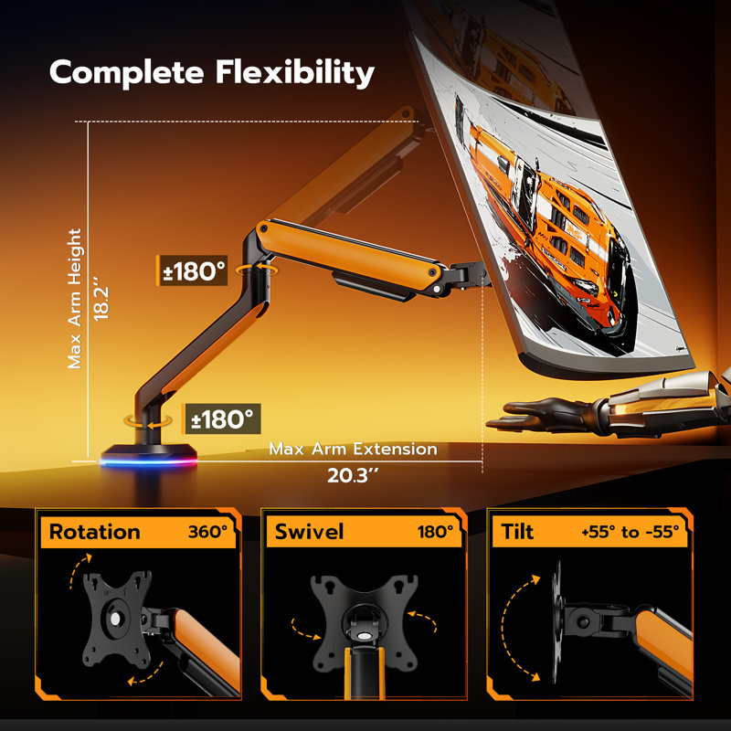 ARES WING Single Monitor Arm Desk Mount RGB Light