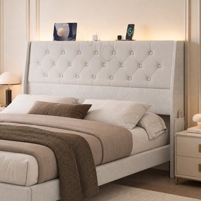 California King Size Headboard with Storage, Ergonomic Upholstered Linen Button Tufted Storage Headboard with LED Lights & Charging Station, Modern Freestanding Head Board Only, Adjustable Height, Easy Assembly, White