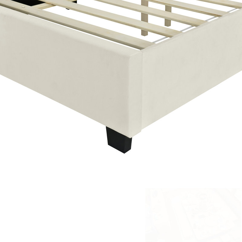 Grand lit plateforme tapissier avec grande tête de lit, Beige
