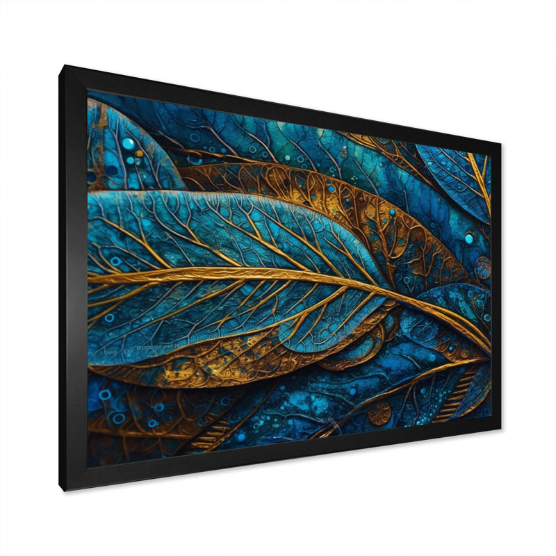 Kalypso, bleu et or, mélodie de Boho I - art mural plume Boho, Cadre simple noir, H 30 po x l 40 po x P 1,5 po