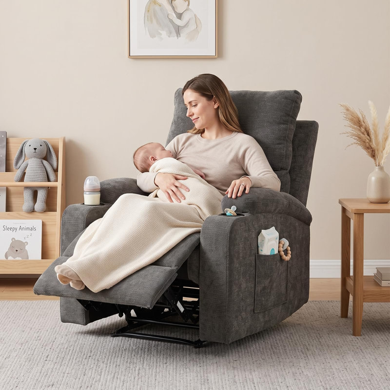 Fauteuil inclinable manuel avec 2 porte-gobelets et poches latérales beige, Mélange de coton gris