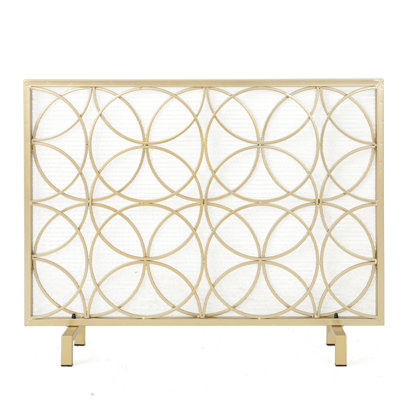 Stylish Iron Fireplace Screen, Geometric Overlap, Single Panel, Golden Hue Contemporary Partition, Overlapping Circles, Gold