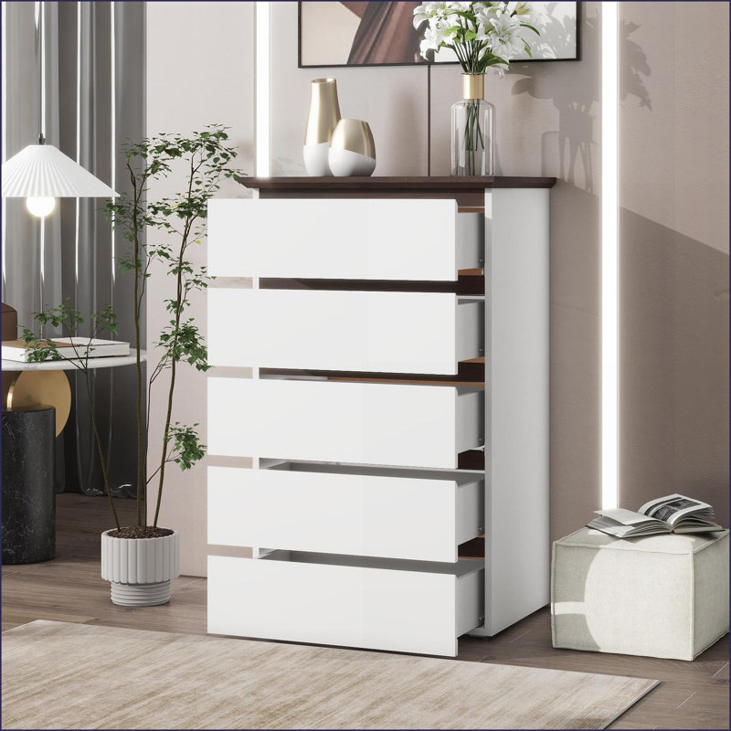 Commode, commode moderne à 5 tiroirs pour la chambre à coucher, blanc Noyer | Panneau de particules | Blanc