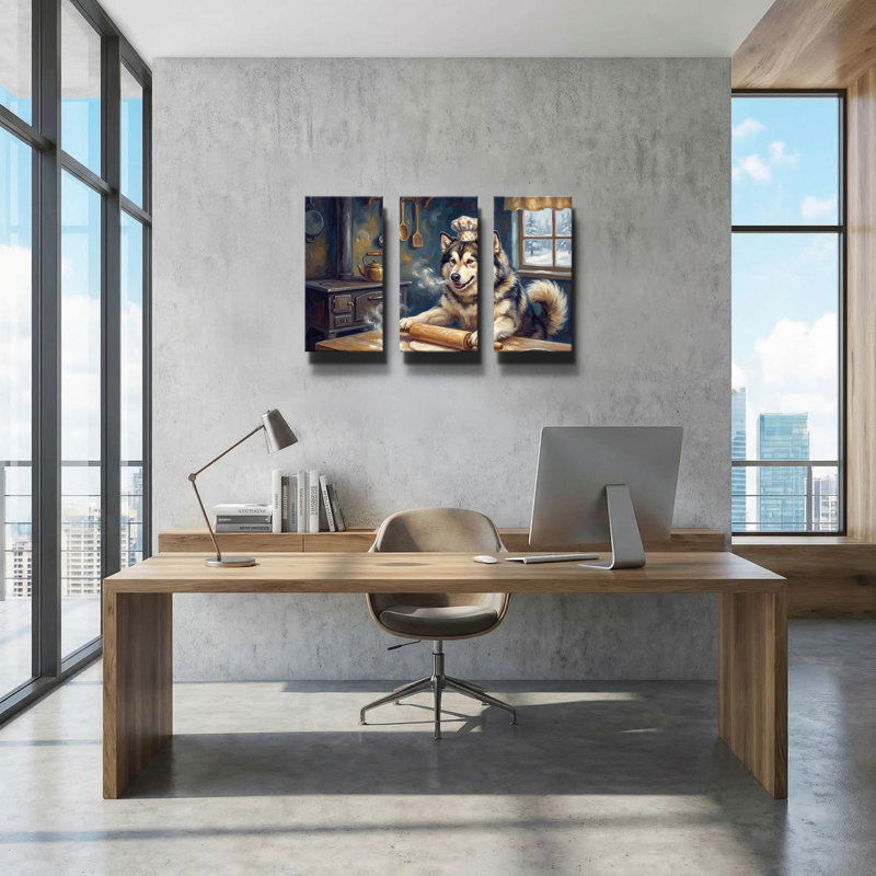 « Malamute d'Alaska dans la cuisine », triptyque de Rich Monet, 91,4 cm x 61 cm., 78"x34"