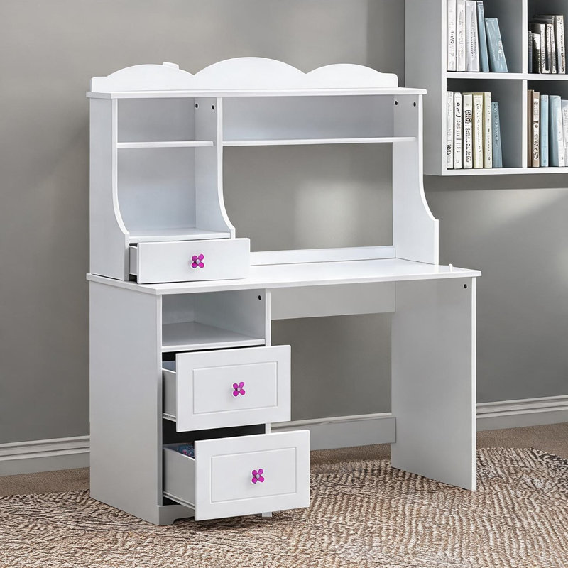 Bureau d'écriture rectangulaire blanc avec deux tiroirs et rangement ouvert, base luge, 47,5 x 22,5 x 29,5