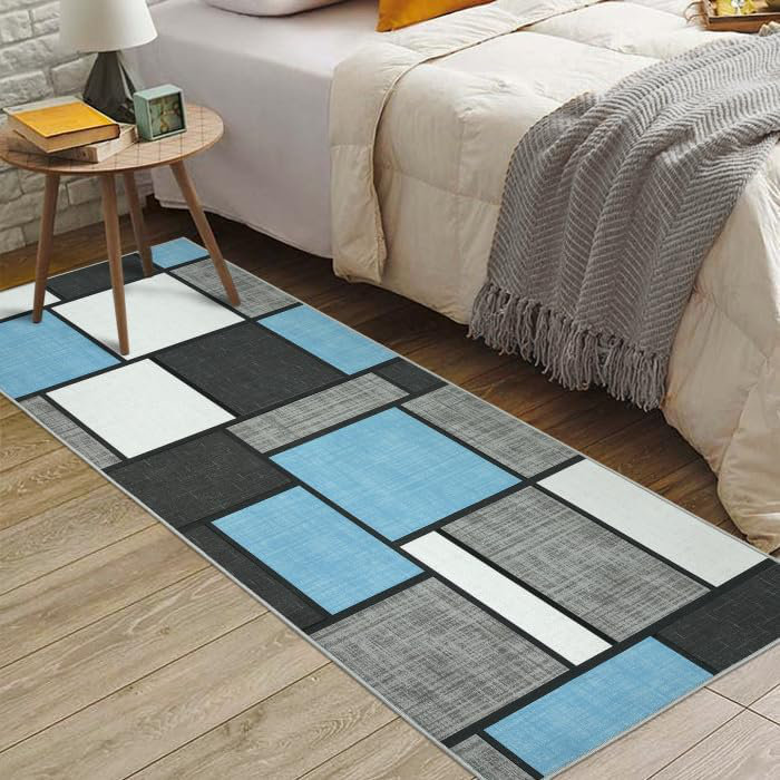 Runner Rug 2x6 Box Design Hallway Rug Non Slip Thin Area Rug Bohemian Farmhouse Low Pile Area Rug, Light Blue, Runner 2' x 6'