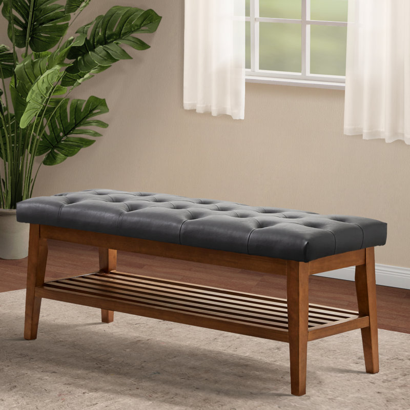 Upholstered Storage Bench, Black Faux Leather